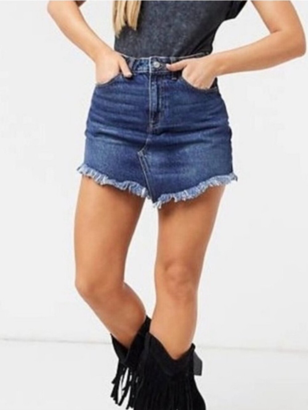 Free People We The Free Mini Jean Skirt Bailey Raw Hem Fringe Denim Skirt 25